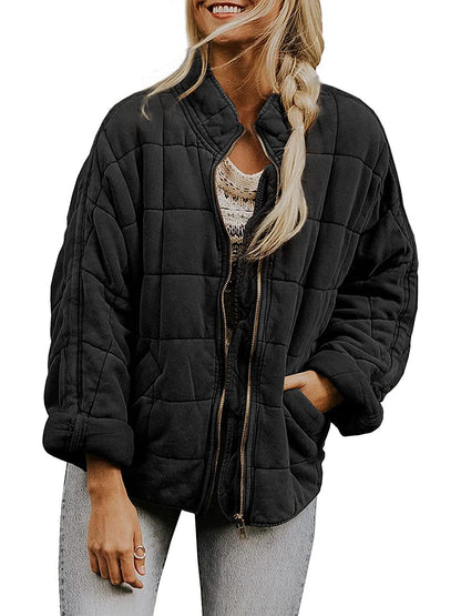 Quilted Jackets- Solid Cotton Blend High Neck Zip-Up Quilted Jacket- - Pekosa Women Clothing