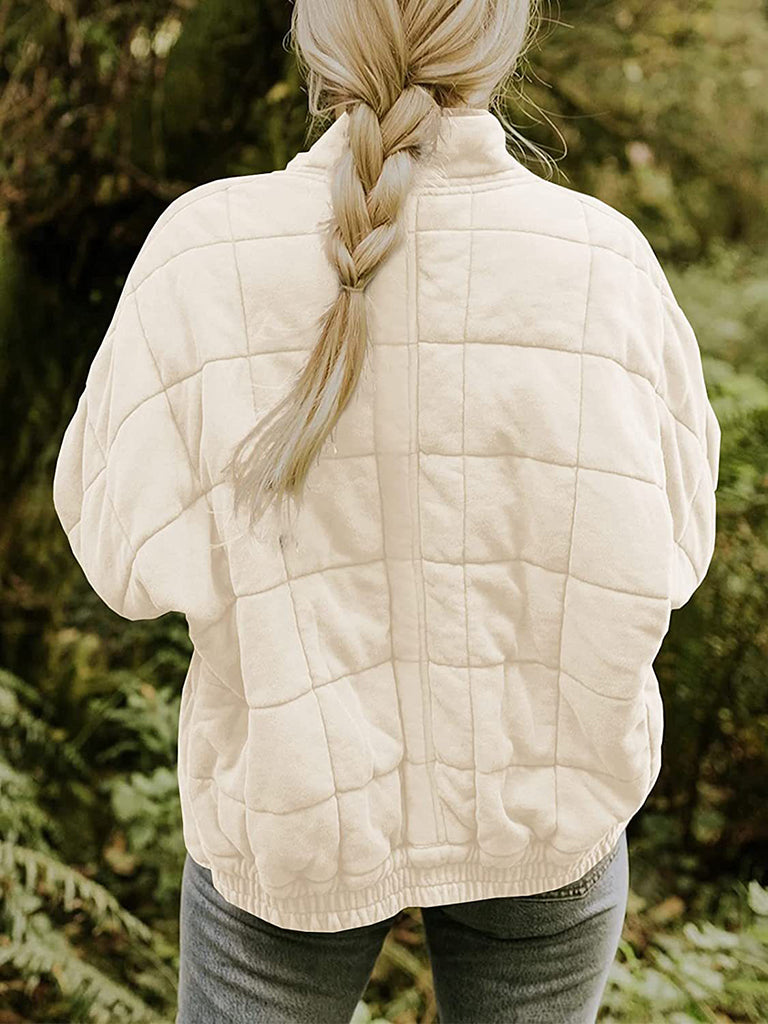 Quilted Jackets- Solid Cotton Blend High Neck Zip-Up Quilted Jacket- - Pekosa Women Clothing