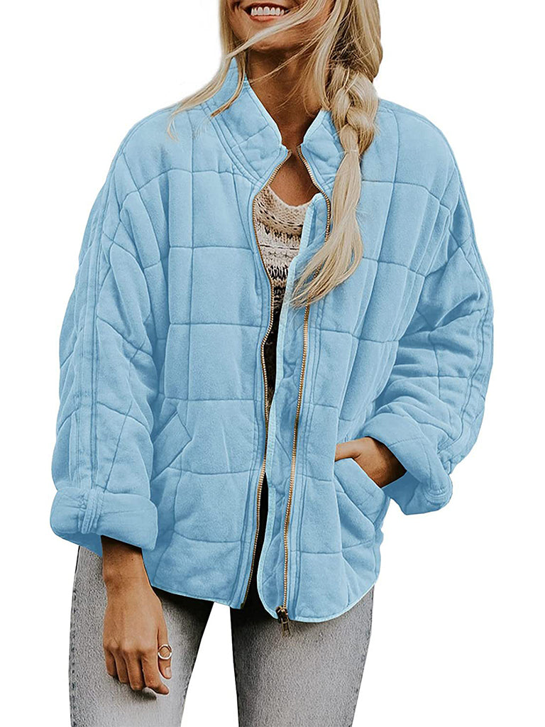 Quilted Jackets- Solid Cotton Blend High Neck Zip-Up Quilted Jacket- - Pekosa Women Clothing