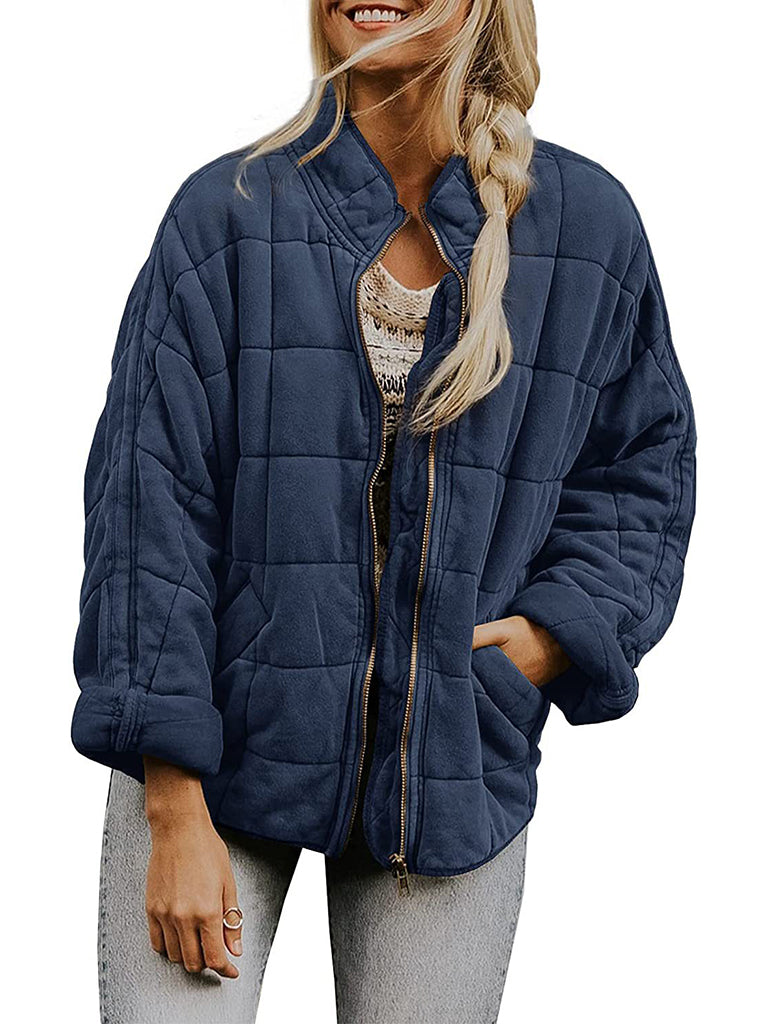 Quilted Jackets- Solid Cotton Blend High Neck Zip-Up Quilted Jacket- - Pekosa Women Clothing