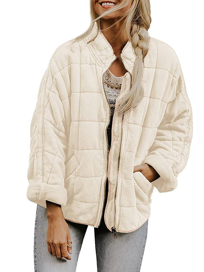 Quilted Jackets- Solid Cotton Blend High Neck Zip-Up Quilted Jacket- - Pekosa Women Clothing