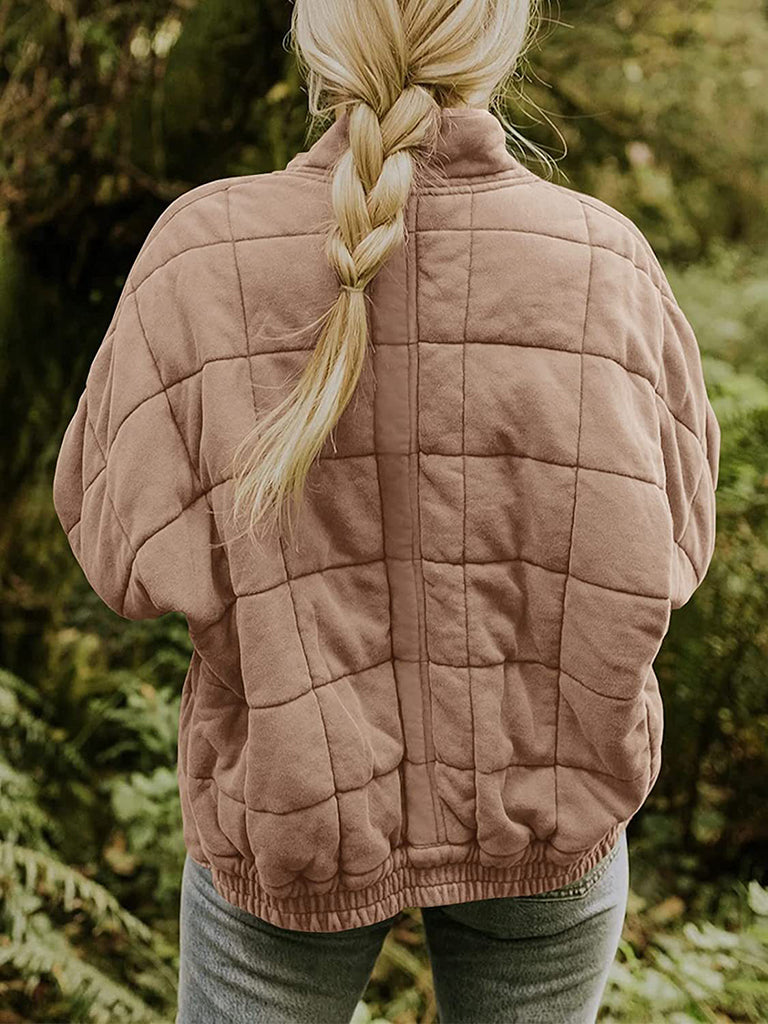 Quilted Jackets- Solid Cotton Blend High Neck Zip-Up Quilted Jacket- - Pekosa Women Clothing