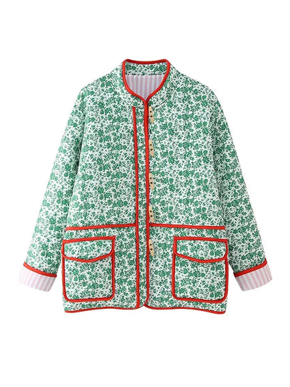 Quilted Jackets- Women Floral Print Retro-Inspired Jacket- - Chuzko Women Clothing