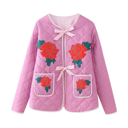 Quilted Jackets- Women Floral Quilted Jacket with Tie-Up Bow- Pink- Pekosa Women Fashion