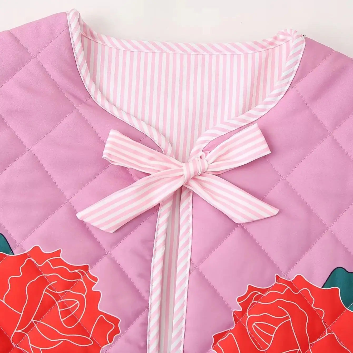 Quilted Jackets- Women Floral Quilted Jacket with Tie-Up Bow- - Pekosa Women Fashion