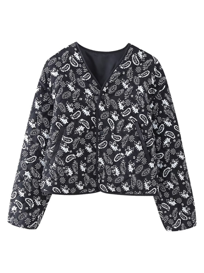 Quilted Jackets- Women Paisley Quilted Jacket with Contrast Binding for Fall & Winter- Black- Pekosa Women Fashion