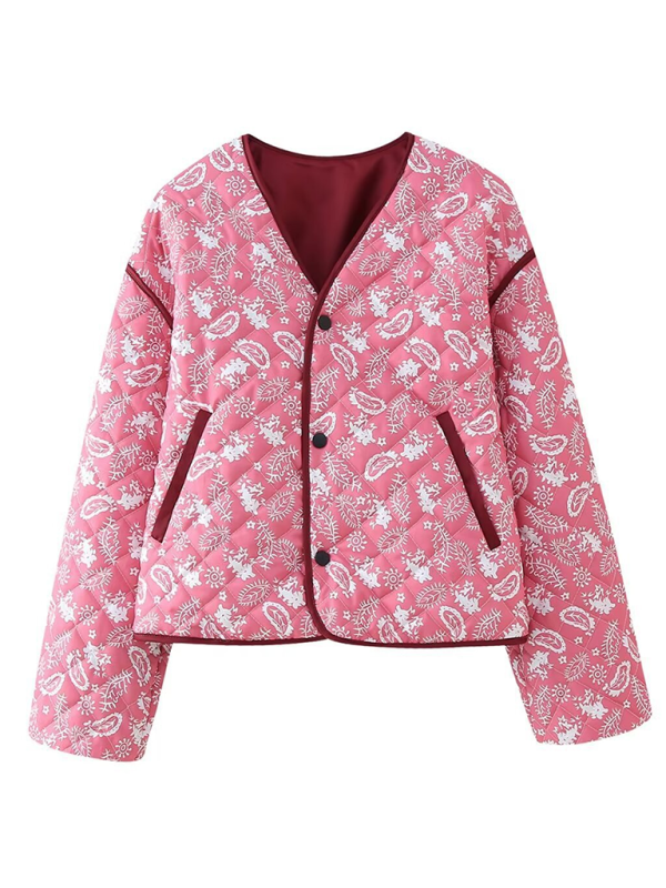 Quilted Jackets- Women Paisley Quilted Jacket with Contrast Binding for Fall & Winter- Pink- Pekosa Women Fashion