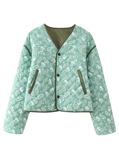 Quilted Jackets- Women Paisley Quilted Jacket with Contrast Binding for Fall & Winter- Green- Pekosa Women Fashion