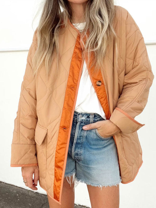 Quilted Jackets- Women’s Quilted Jacket in Two-Tone Colors with Flap Pockets- Orange- Pekosa Women Fashion