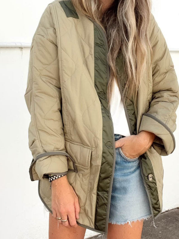 Quilted Jackets- Women’s Quilted Jacket in Two-Tone Colors with Flap Pockets- Olive green- Pekosa Women Fashion