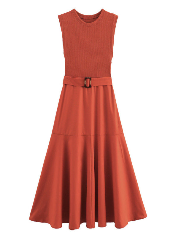 Ribbed Knit Dress - Mid-Century Inspired Sleeveless Terracotta Belted Midi Dress