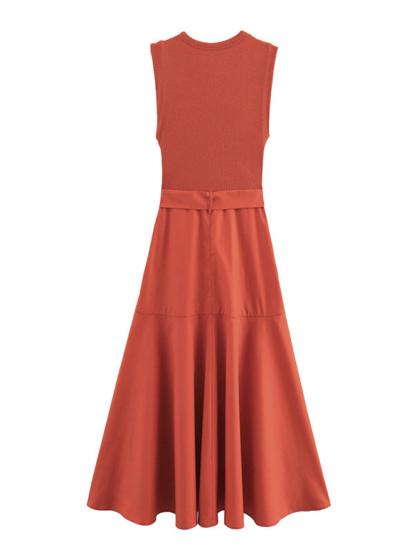 Ribbed Knit Dress - Mid-Century Inspired Sleeveless Terracotta Belted Midi Dress