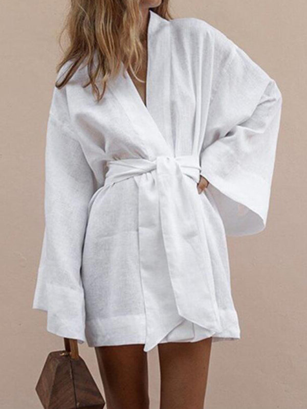 Robes - Casual Cotton Blend Belted Robe for Women