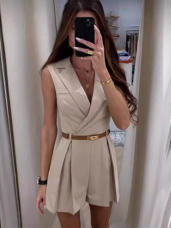 Women's Notch Lapel Romper with Wide-Leg Shorts