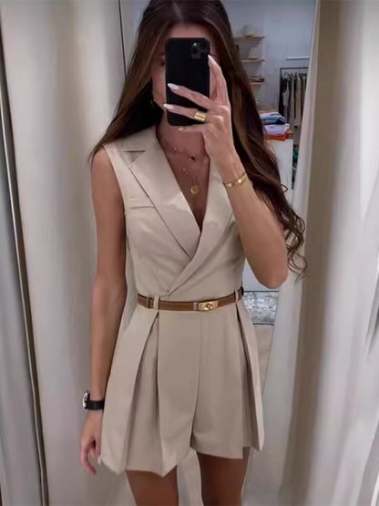 Women's Notch Lapel Romper with Wide-Leg Shorts