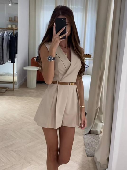 Women's Notch Lapel Romper with Wide-Leg Shorts