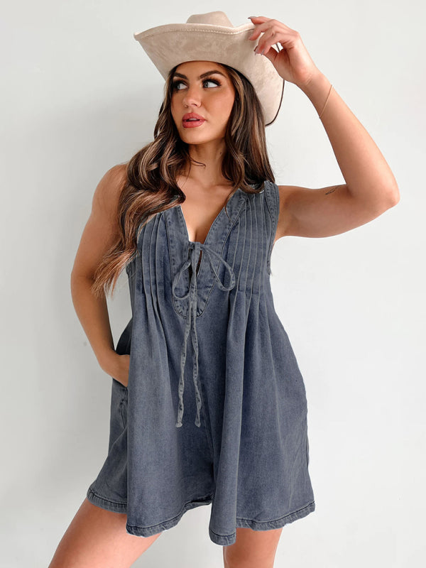 Rompers - Casual Pleated Playsuit Denim Blue Romper