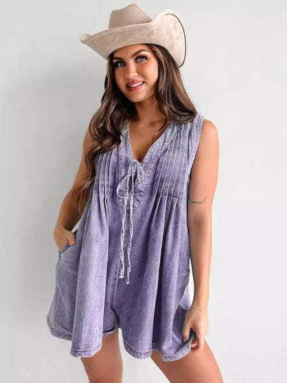 Rompers - Casual Pleated Playsuit Denim Blue Romper