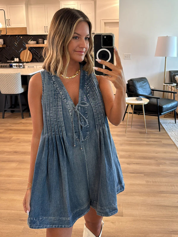 Rompers - Casual Pleated Playsuit Denim Blue Romper