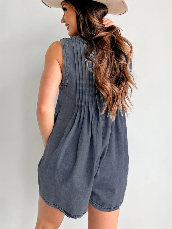 Rompers - Casual Pleated Playsuit Denim Blue Romper