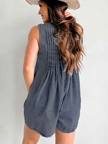 Rompers - Casual Pleated Playsuit Denim Blue Romper