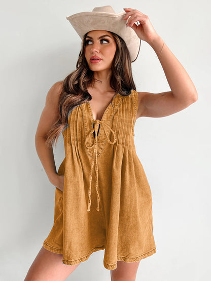 Rompers - Casual Pleated Playsuit Denim Blue Romper