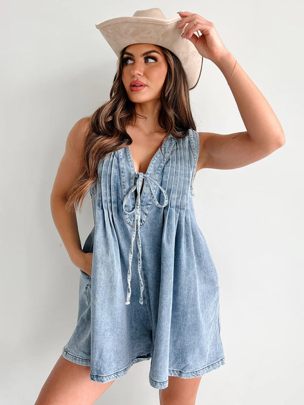 Rompers - Casual Pleated Playsuit Denim Blue Romper