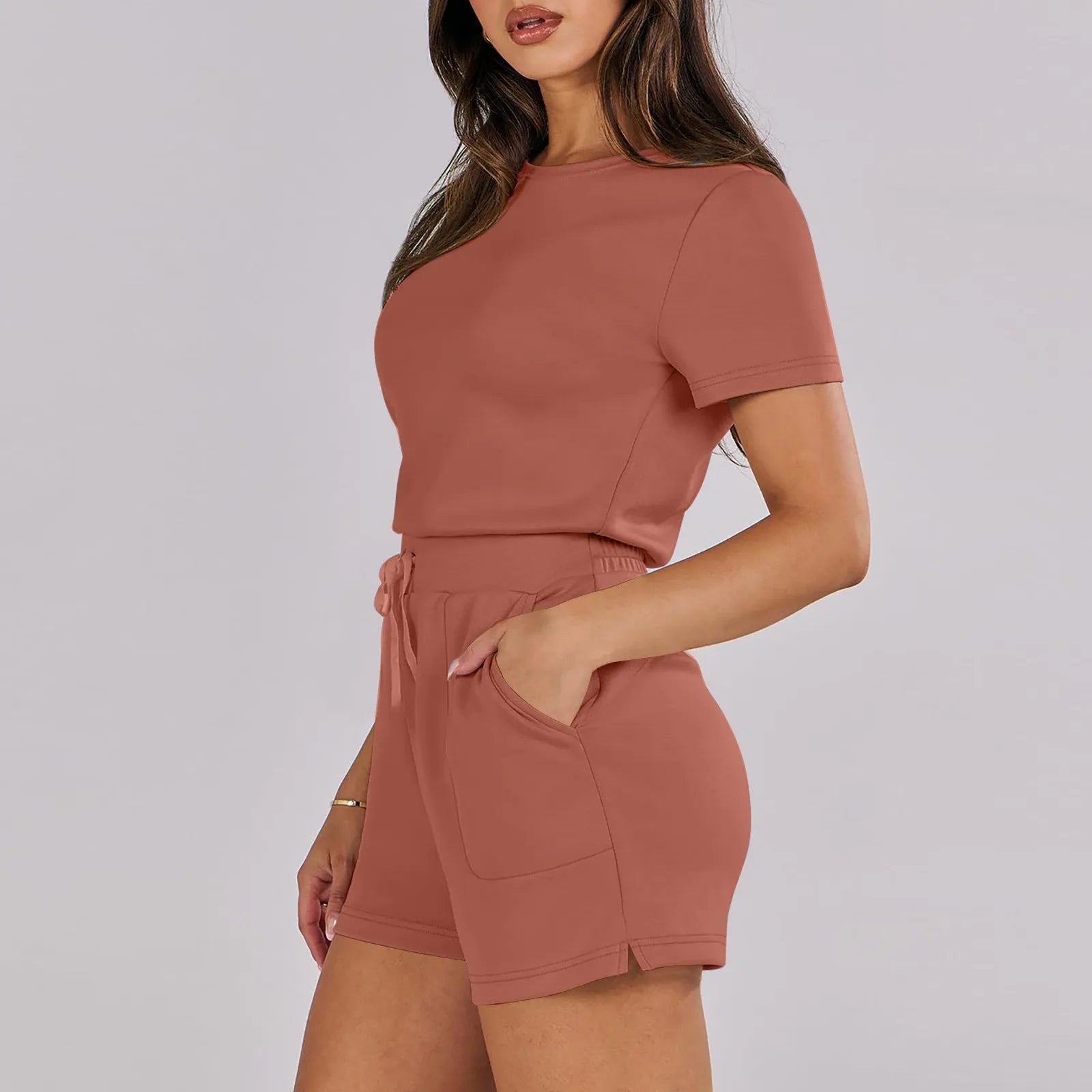 Rompers- Casual Women's Gathered-Waist Romper - Tee Playsuit- - Pekosa Women Fashion