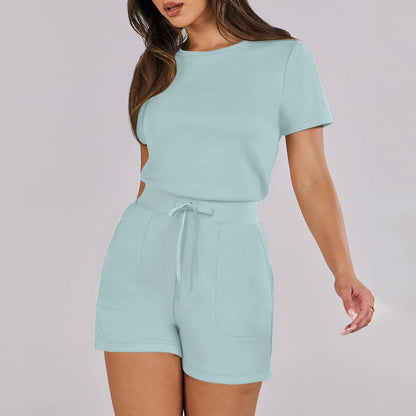 Rompers- Casual Women's Gathered-Waist Romper - Tee Playsuit- Blue- Pekosa Women Fashion