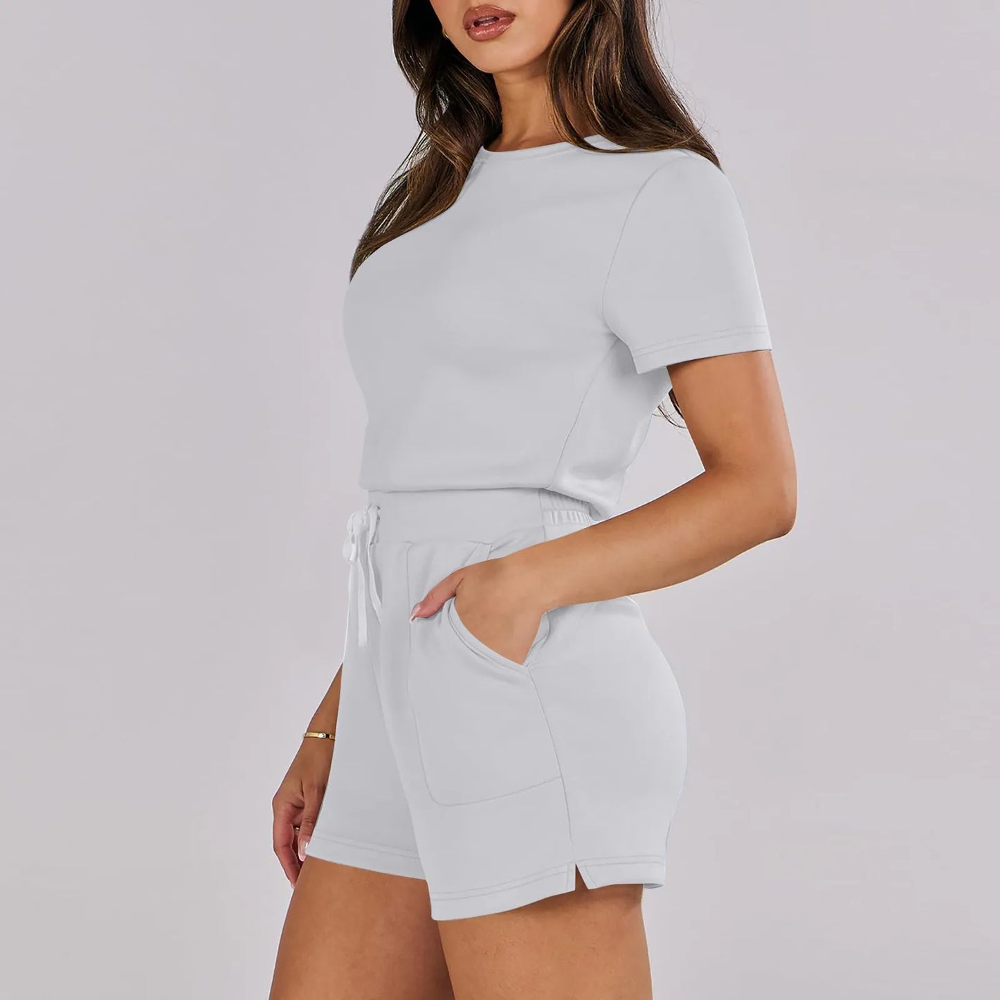 Rompers- Casual Women's Gathered-Waist Romper - Tee Playsuit- - Pekosa Women Fashion