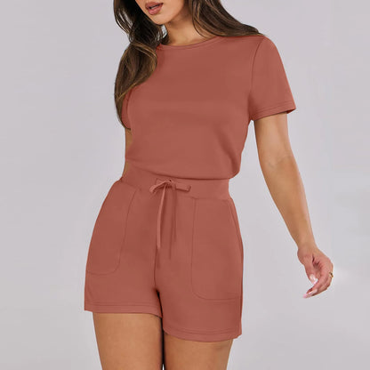 Rompers- Casual Women's Gathered-Waist Romper - Tee Playsuit- Brown- Pekosa Women Fashion