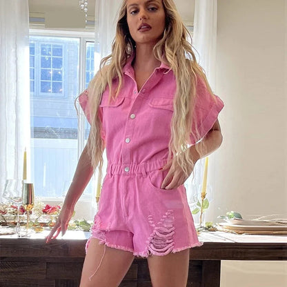 Rompers- Festival Distressed Hem Denim Playsuit - Trendy Romper- Pink- Pekosa Women Fashion