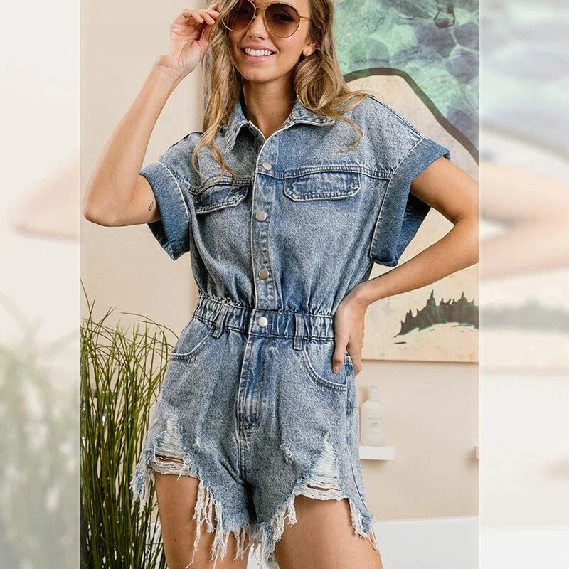 Rompers- Festival Distressed Hem Denim Playsuit - Trendy Romper- Light blue- Pekosa Women Fashion