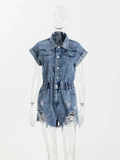 Rompers- Festival Distressed Hem Denim Playsuit - Trendy Romper- - Pekosa Women Fashion