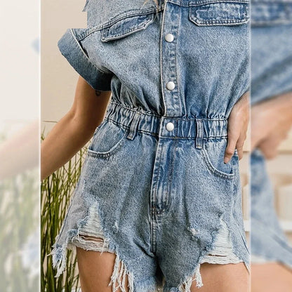 Rompers- Festival Distressed Hem Denim Playsuit - Trendy Romper- - Pekosa Women Fashion