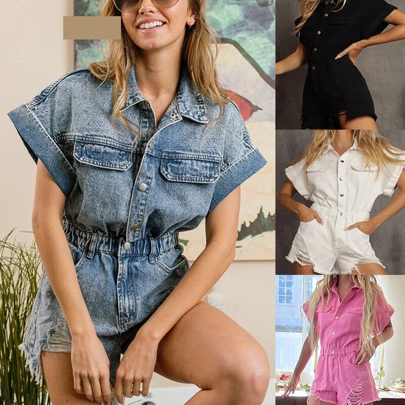 Rompers- Festival Distressed Hem Denim Playsuit - Trendy Romper- - Pekosa Women Fashion