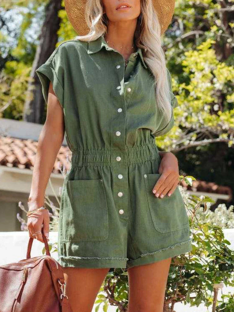 Rompers- Fuchsia Casual Chic Romper - Button-Front Playsuit- Green- Pekosa Women Fashion