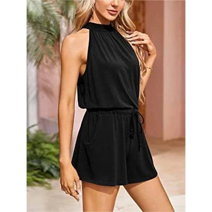 Rompers- Gathered-Waist Playsuit for Women - Solid Halter Romper- - Pekosa Women Fashion