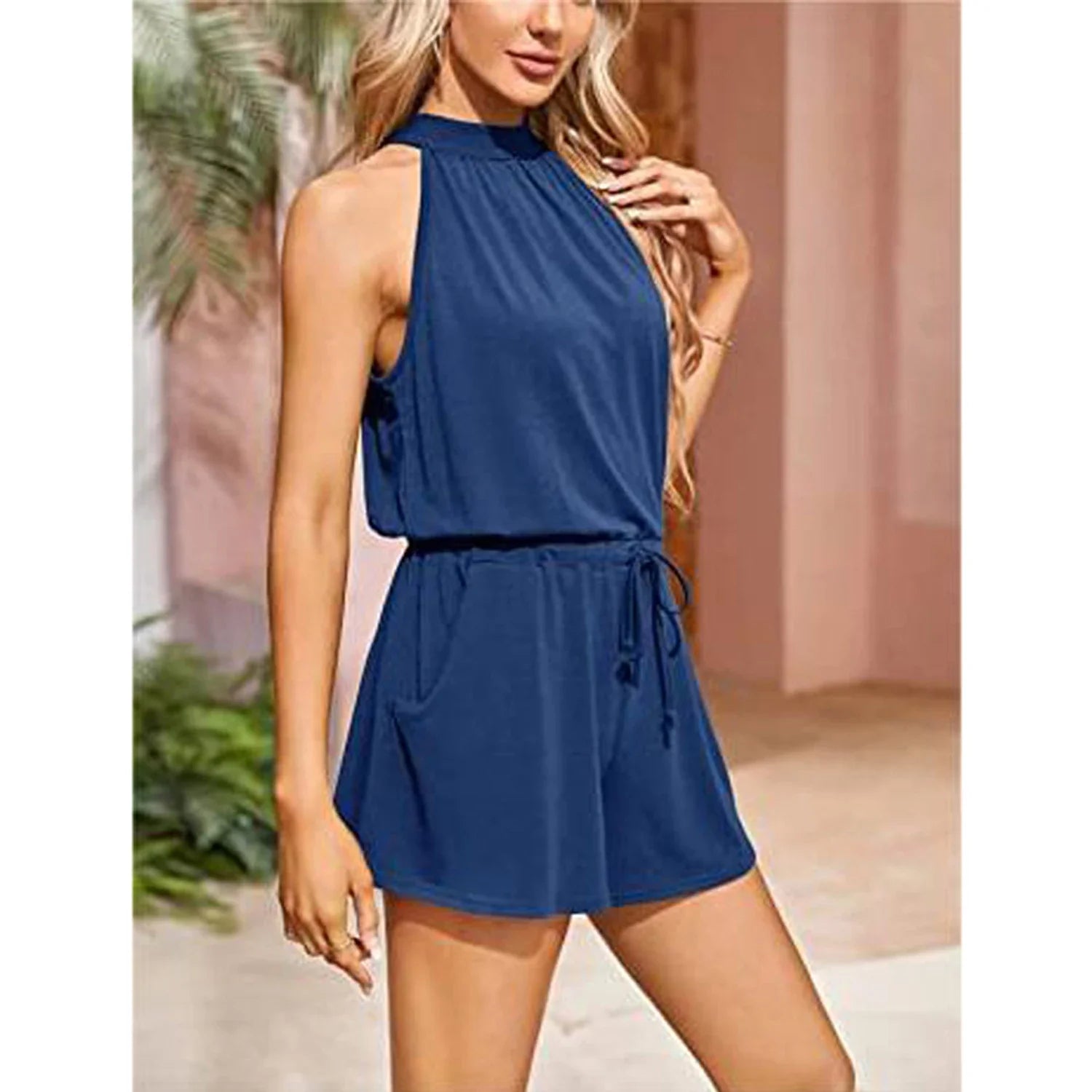 Rompers- Gathered-Waist Playsuit for Women - Solid Halter Romper- - Pekosa Women Fashion