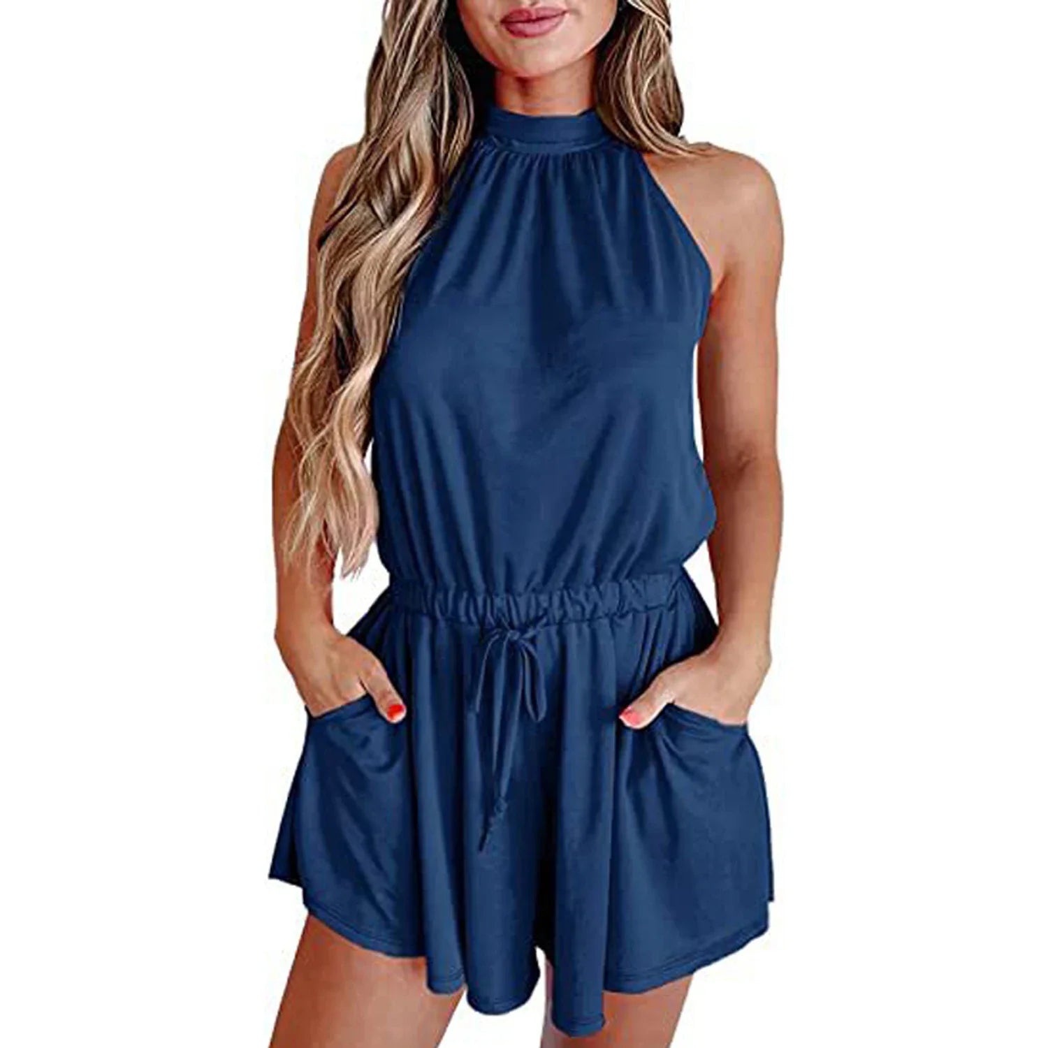 Rompers- Gathered-Waist Playsuit for Women - Solid Halter Romper- - Pekosa Women Fashion