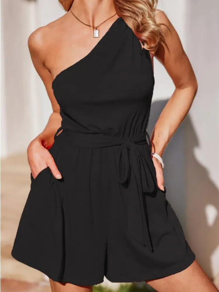 Rompers - One-Shoulder Belted Romper Asymmetric Playsuit