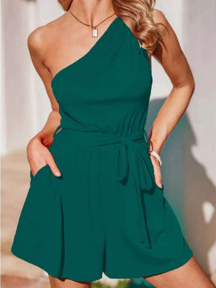 Rompers - One-Shoulder Belted Romper Asymmetric Playsuit