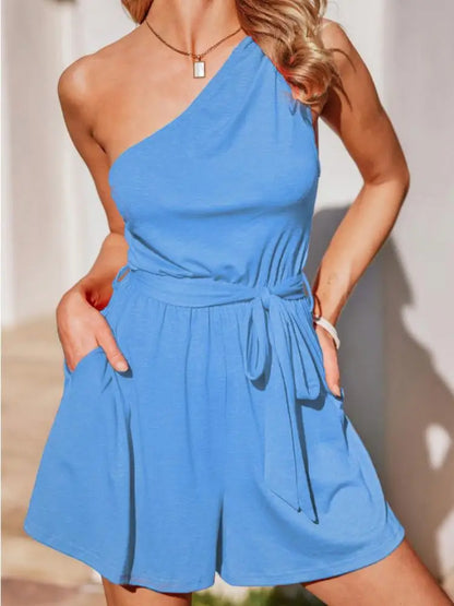 Rompers - One-Shoulder Belted Romper Asymmetric Playsuit