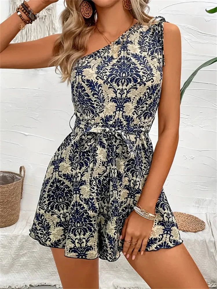 Rompers- One Shoulder Boho Floral Print Rompers Tie Waist