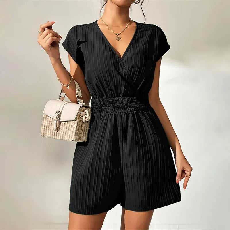 Rompers - Pleated Surplice V-Neck Playsuit Smocked Waistband Romper