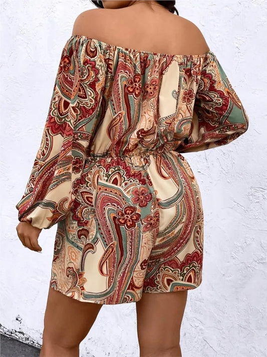 Rompers- Plus Size Boho Paisley Romper - Loose Off-Shoulder Playsuit for Women- - Pekosa Women Fashion