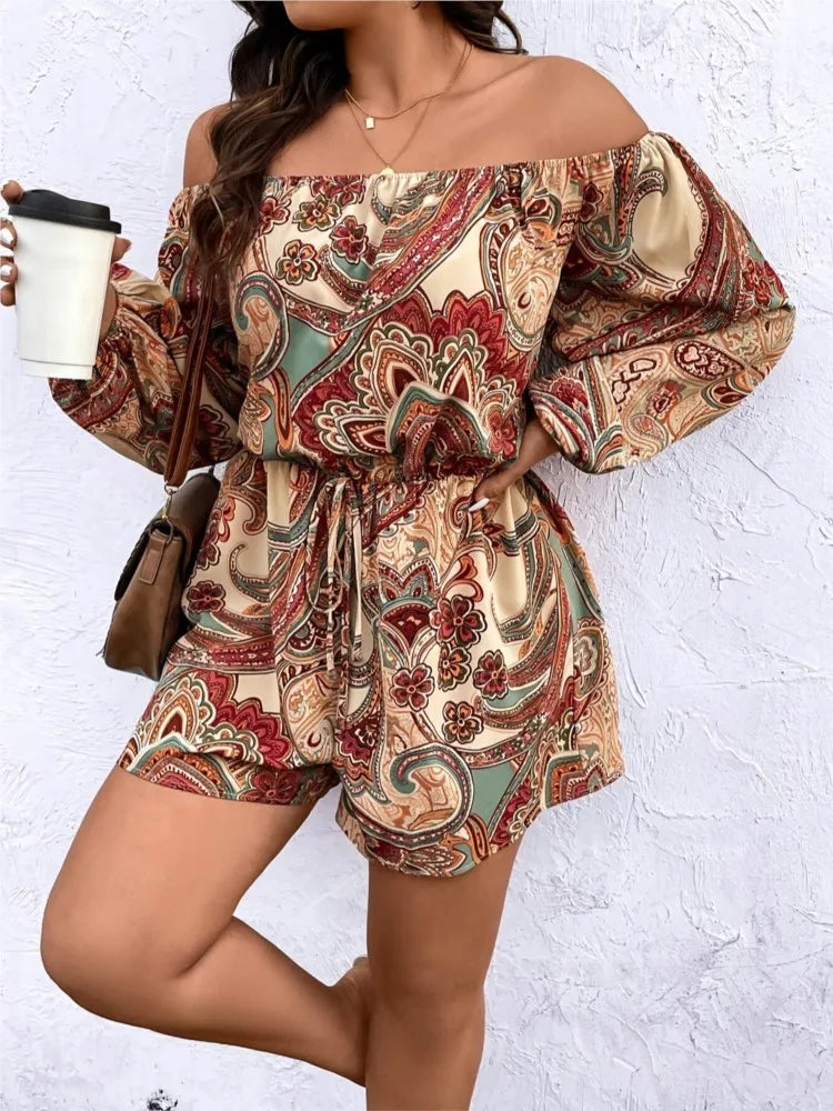 Rompers- Plus Size Boho Paisley Romper - Loose Off-Shoulder Playsuit for Women- - Pekosa Women Fashion