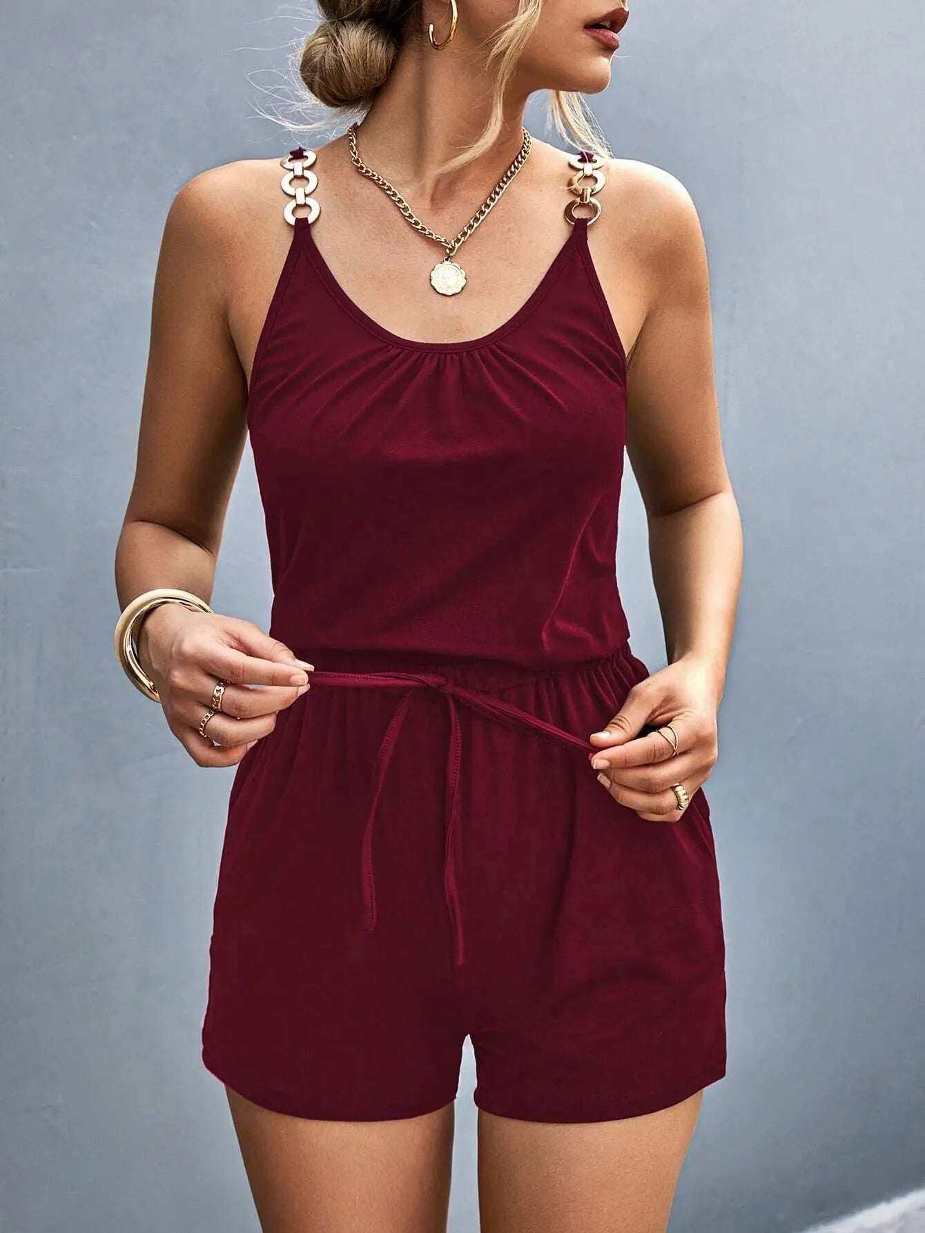 Rompers- Short-Length Playsuit with Gathered Waist for Women - Cami Romper- Burgundy- Pekosa Women Fashion