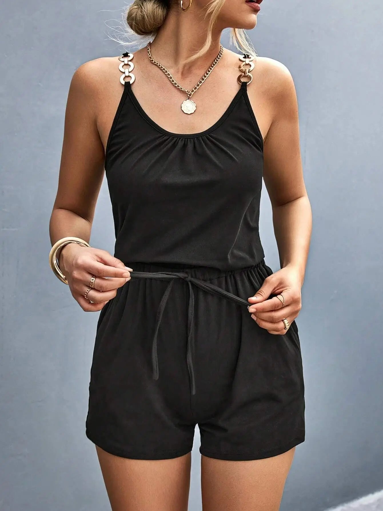 Rompers- Short-Length Playsuit with Gathered Waist for Women - Cami Romper- Black- Pekosa Women Fashion