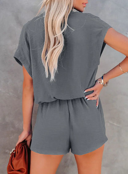 Rompers- Solid Plunge Romper for Casual Outings- - Pekosa Women Fashion